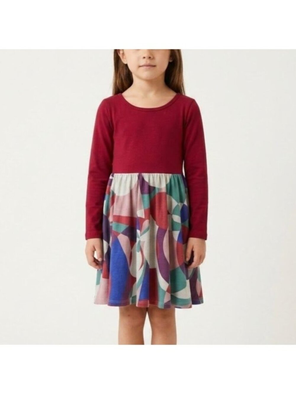 Tea Collection Girls Size 6 Red Multicolor Geo Skirt Long Sleeve Twirl Dress